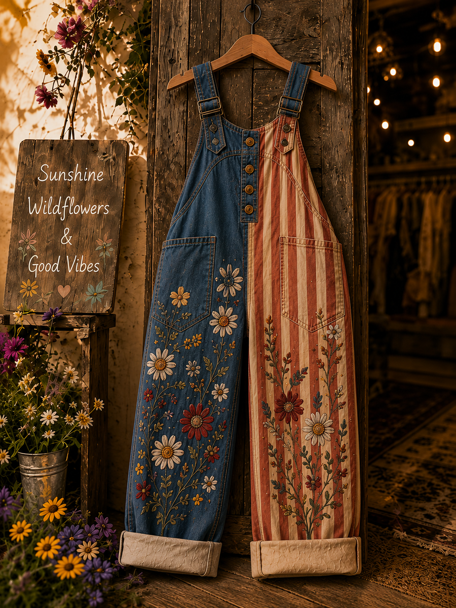 Women's Retro Style Art Print Denim Patchwork Jumpsuit