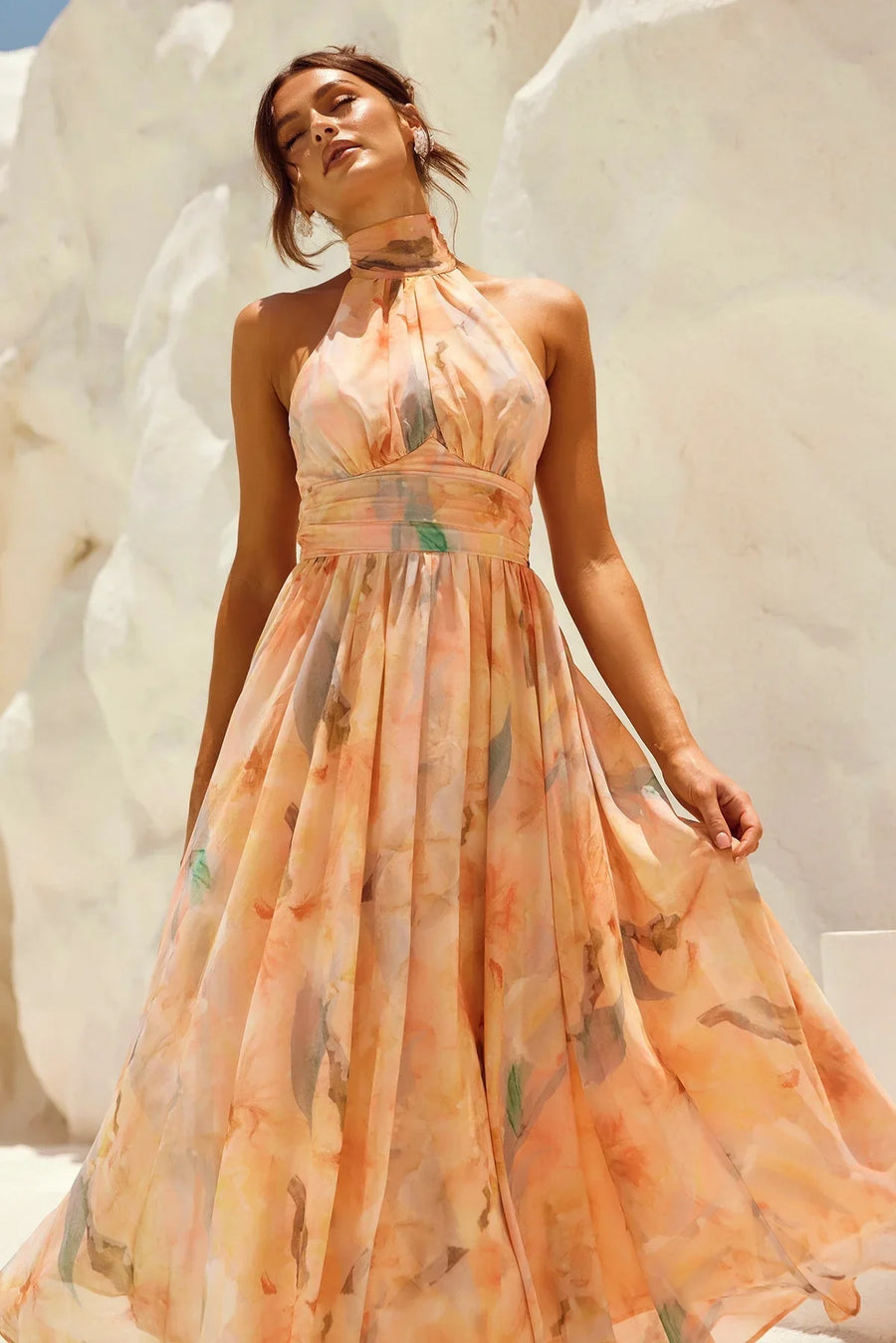Alicia | Halter Neck Pleated Floral Print Maxi Dress