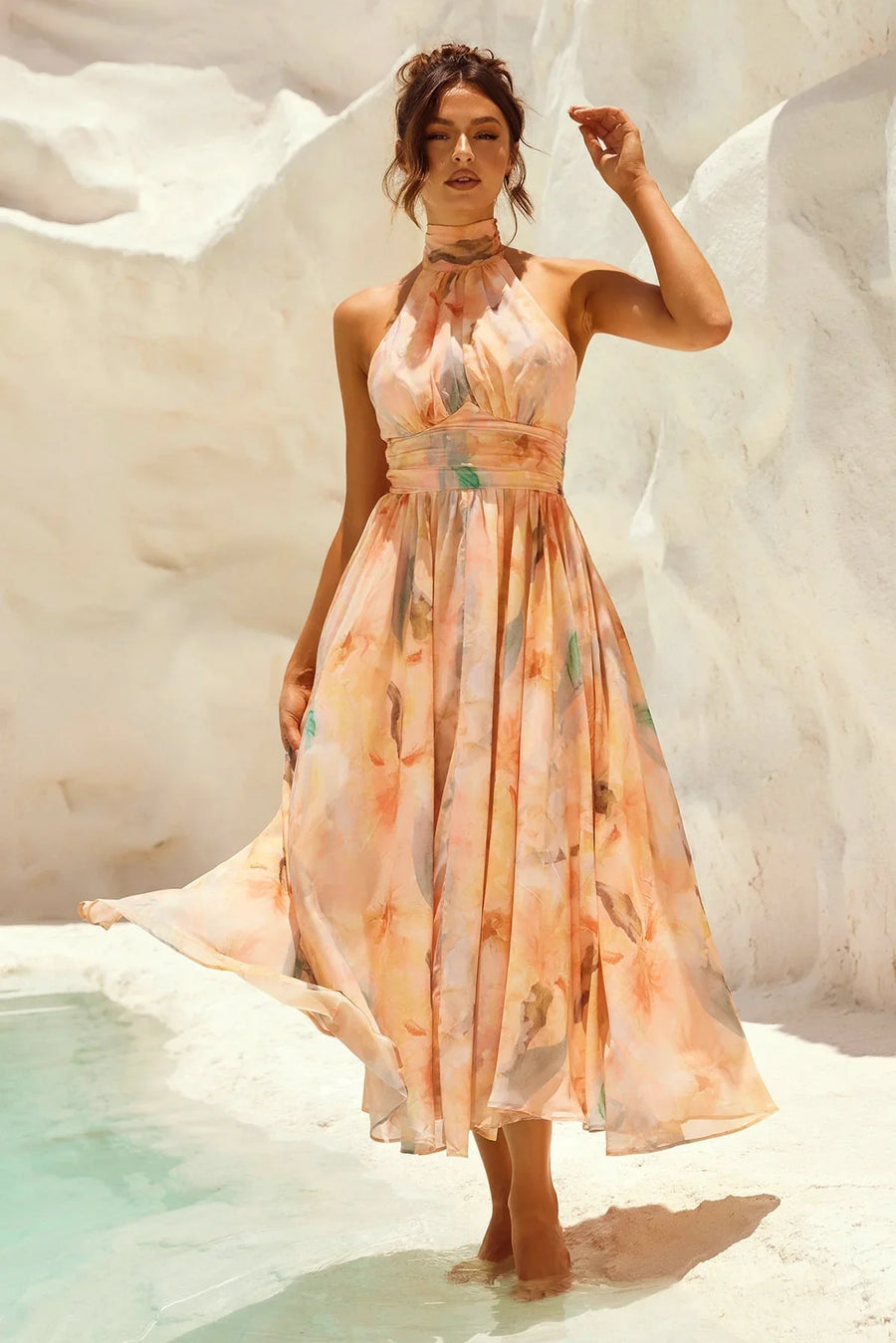 Alicia | Halter Neck Pleated Floral Print Maxi Dress