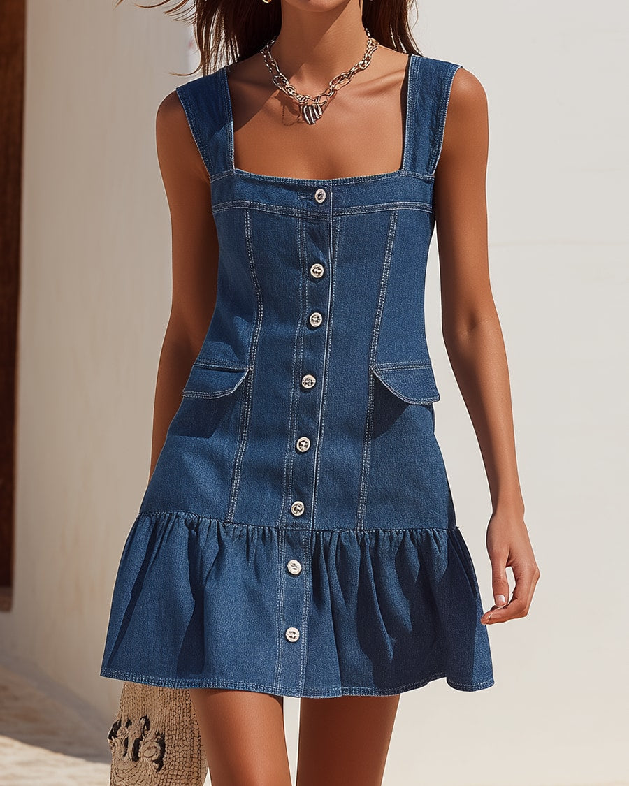 Denim Riviera | Sleeveless Button-Front Short Dress