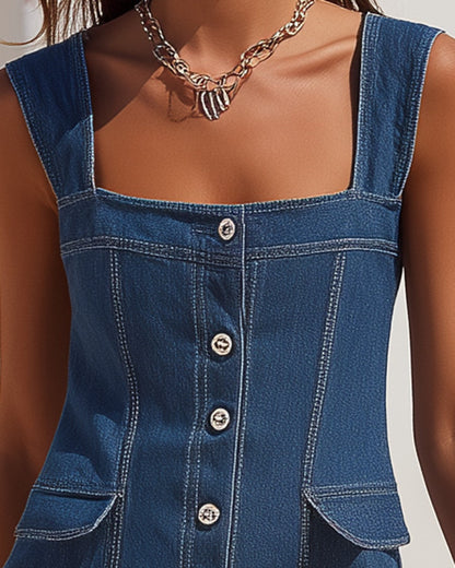 Denim Riviera | Sleeveless Button-Front Short Dress