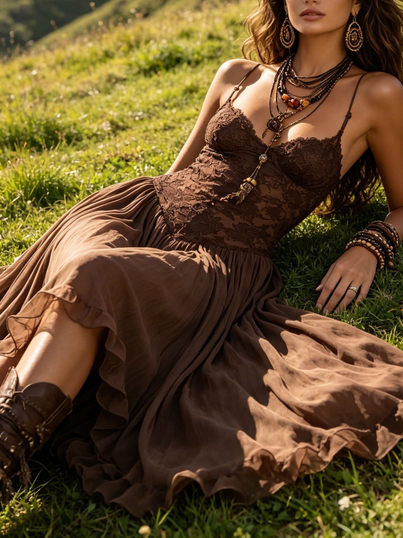 Ines | Chiffon Maxi Dress with Lace Panels