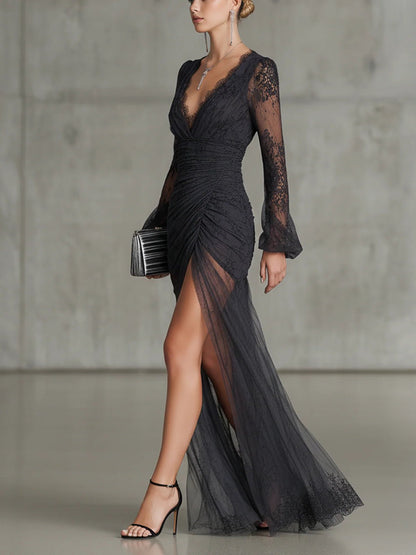 Éloise | Lace Ruched Sheer Long-Sleeve Split Maxi Dress