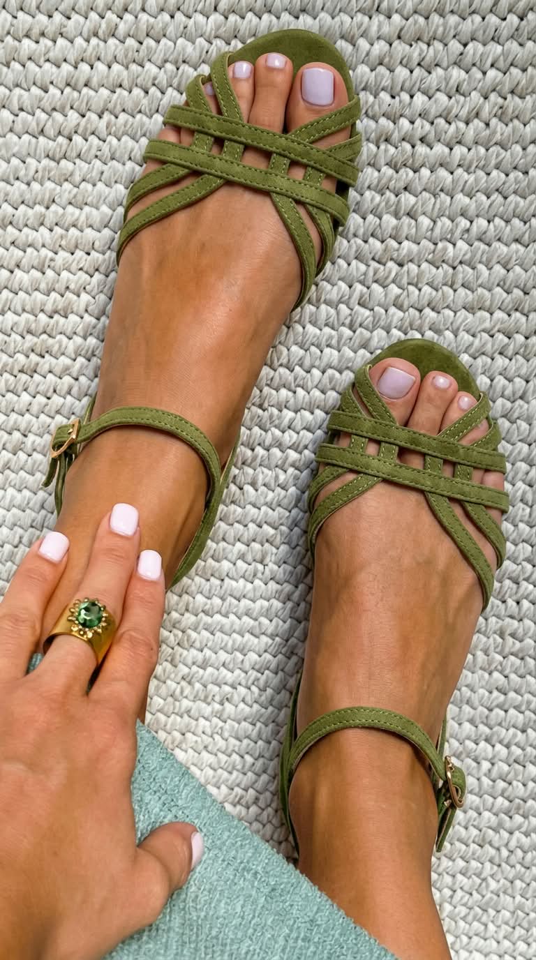 Sandalias bajas de ante y cuero con hebilla en el tobillo y varias tiras
