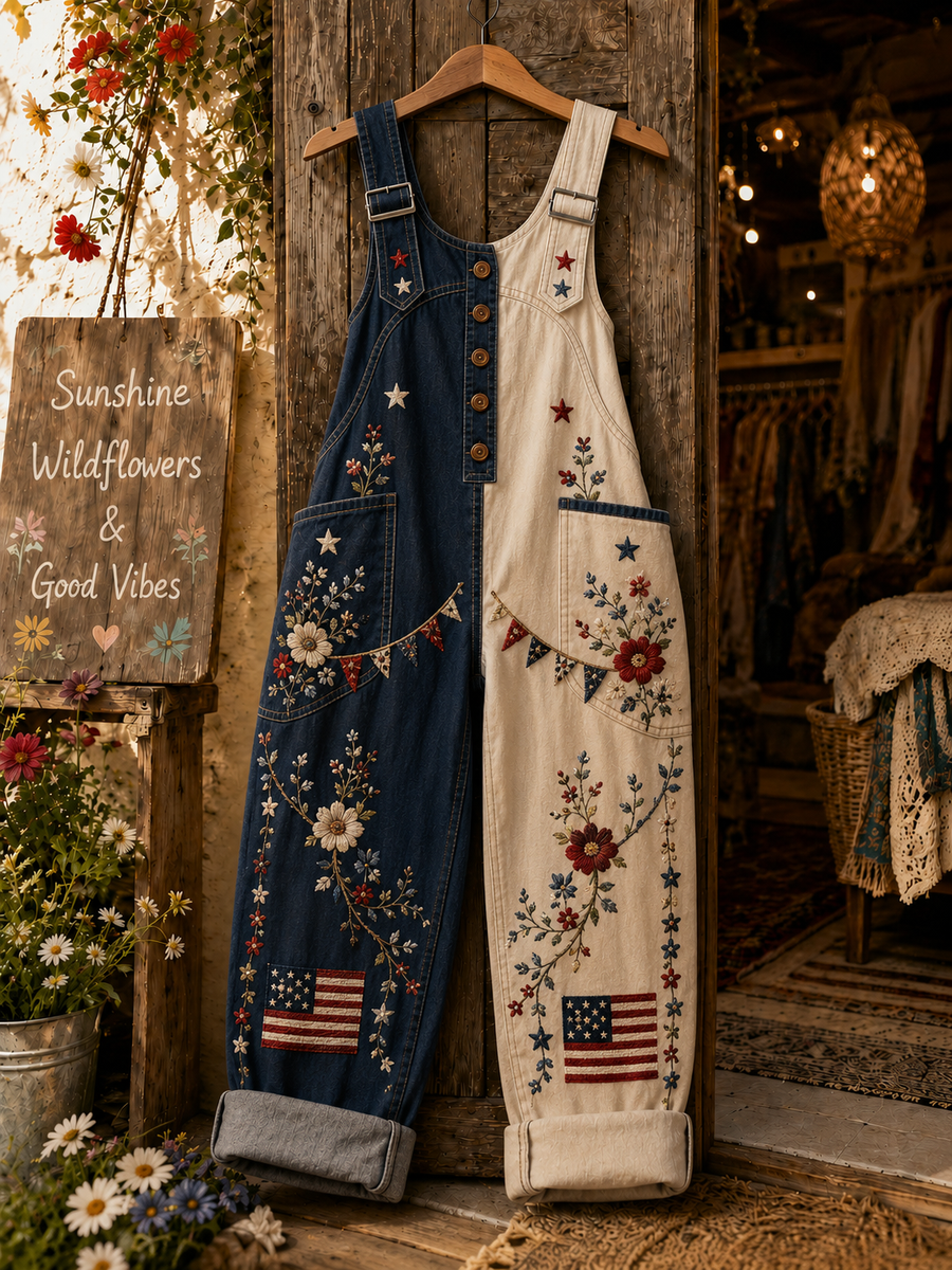 Women's Retro Style Art Print Denim Patchwork Jumpsuit