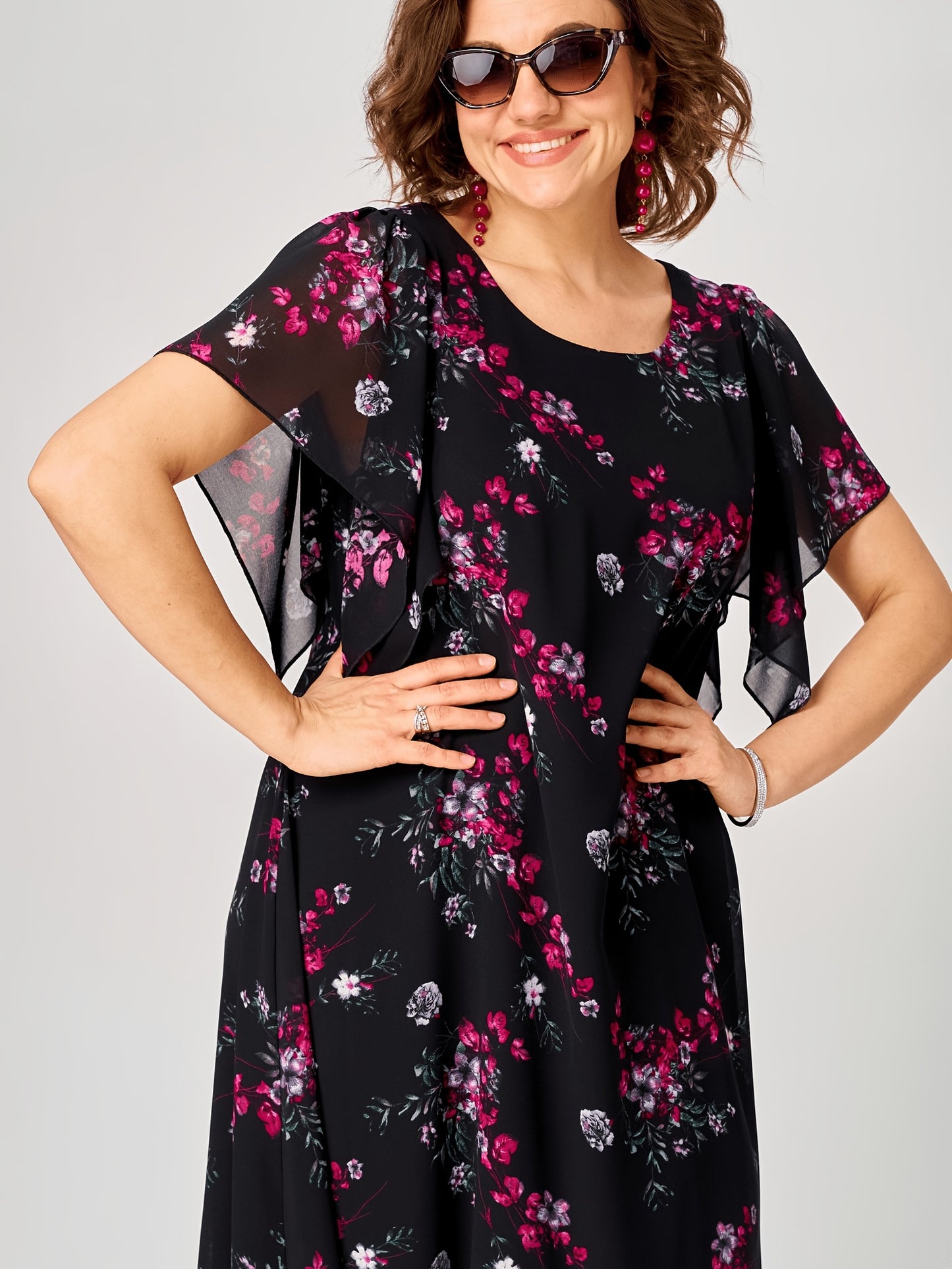 Rosalie | Pink Floral Ruffle Midi Dress