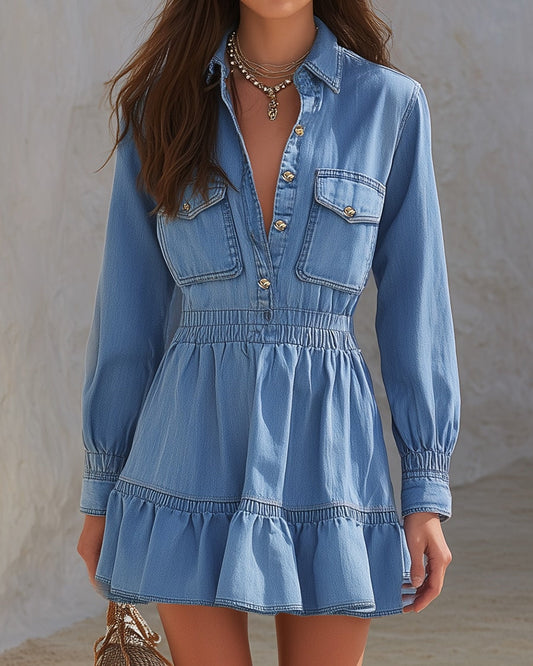 Estelle | Denim A-Line V-Neck Mini Dress