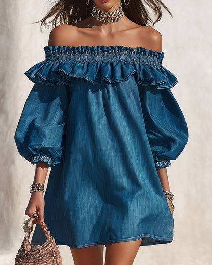 Estelle | One-Shoulder Ruffle Denim Mini Dress