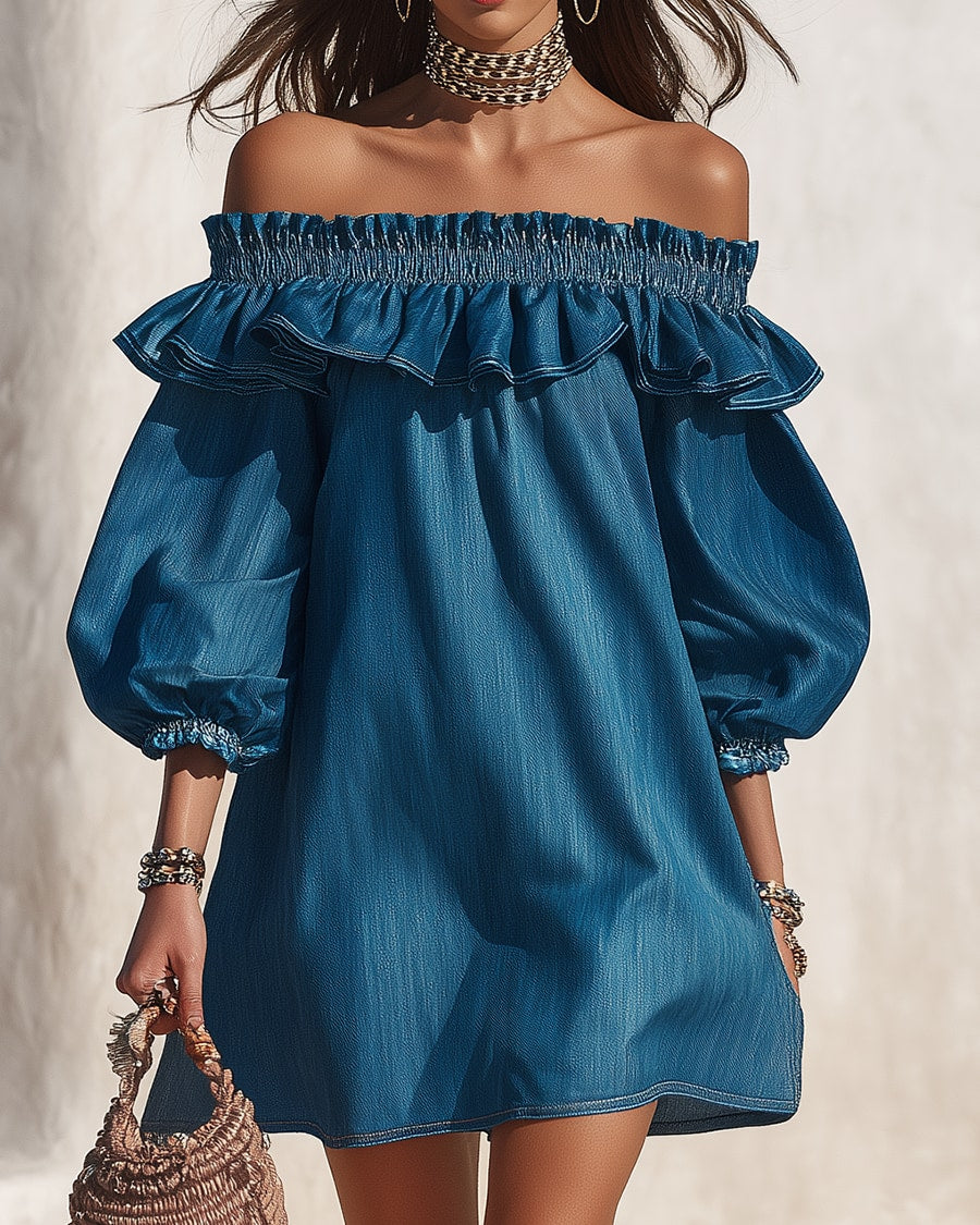 Estelle | One-Shoulder Ruffle Denim Mini Dress