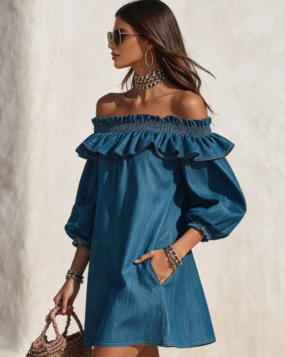 Estelle | One-Shoulder Ruffle Denim Mini Dress