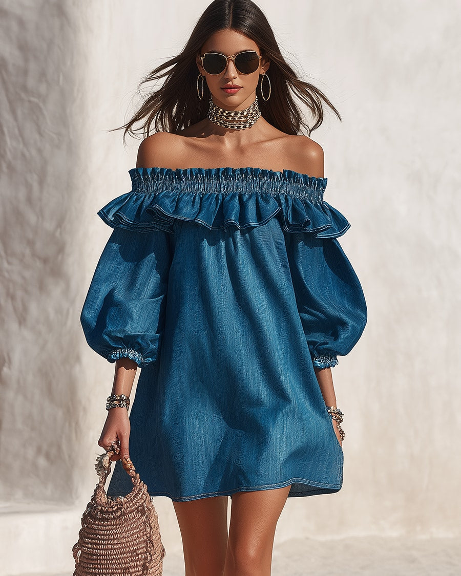 Estelle | One-Shoulder Ruffle Denim Mini Dress