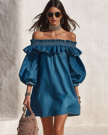 Estelle | One-Shoulder Ruffle Denim Mini Dress