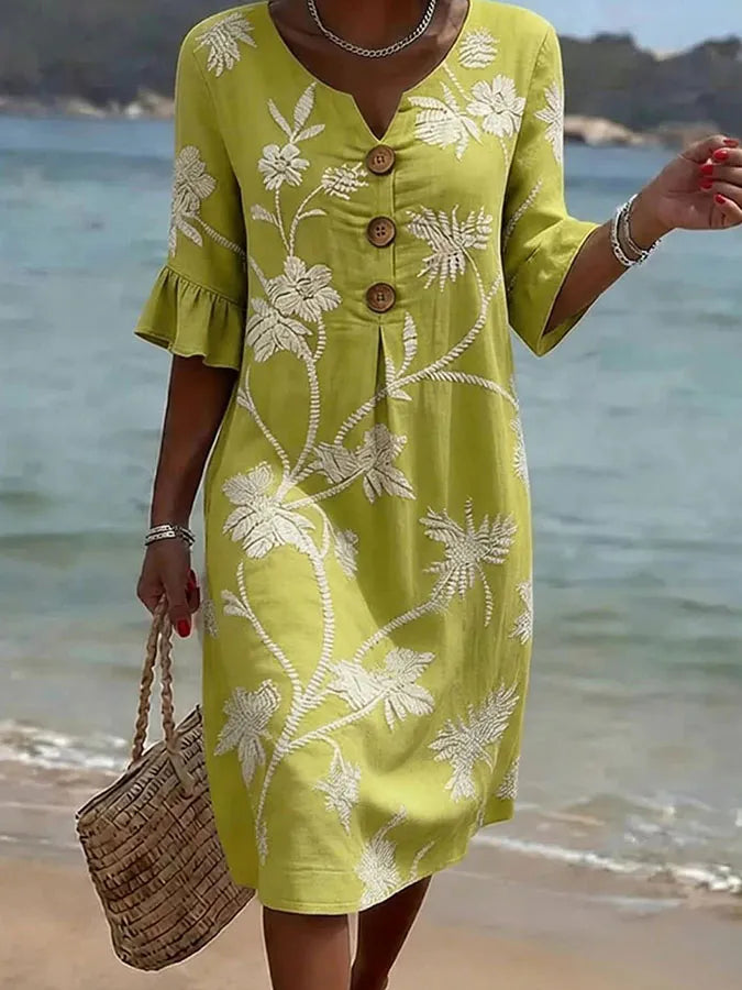 Yellow Floral Button Midi Dress