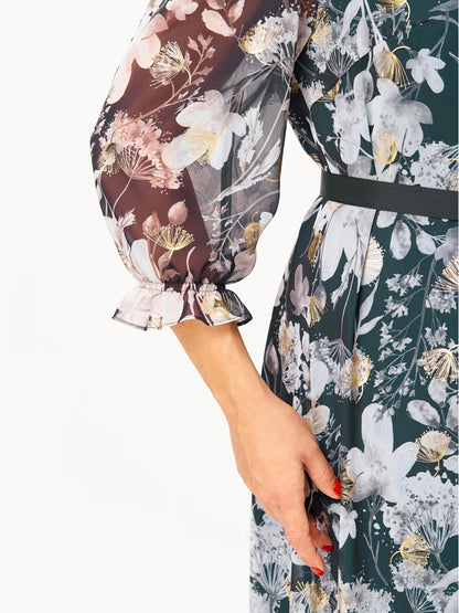 Aurelia | Golden Floral Chiffon Dress