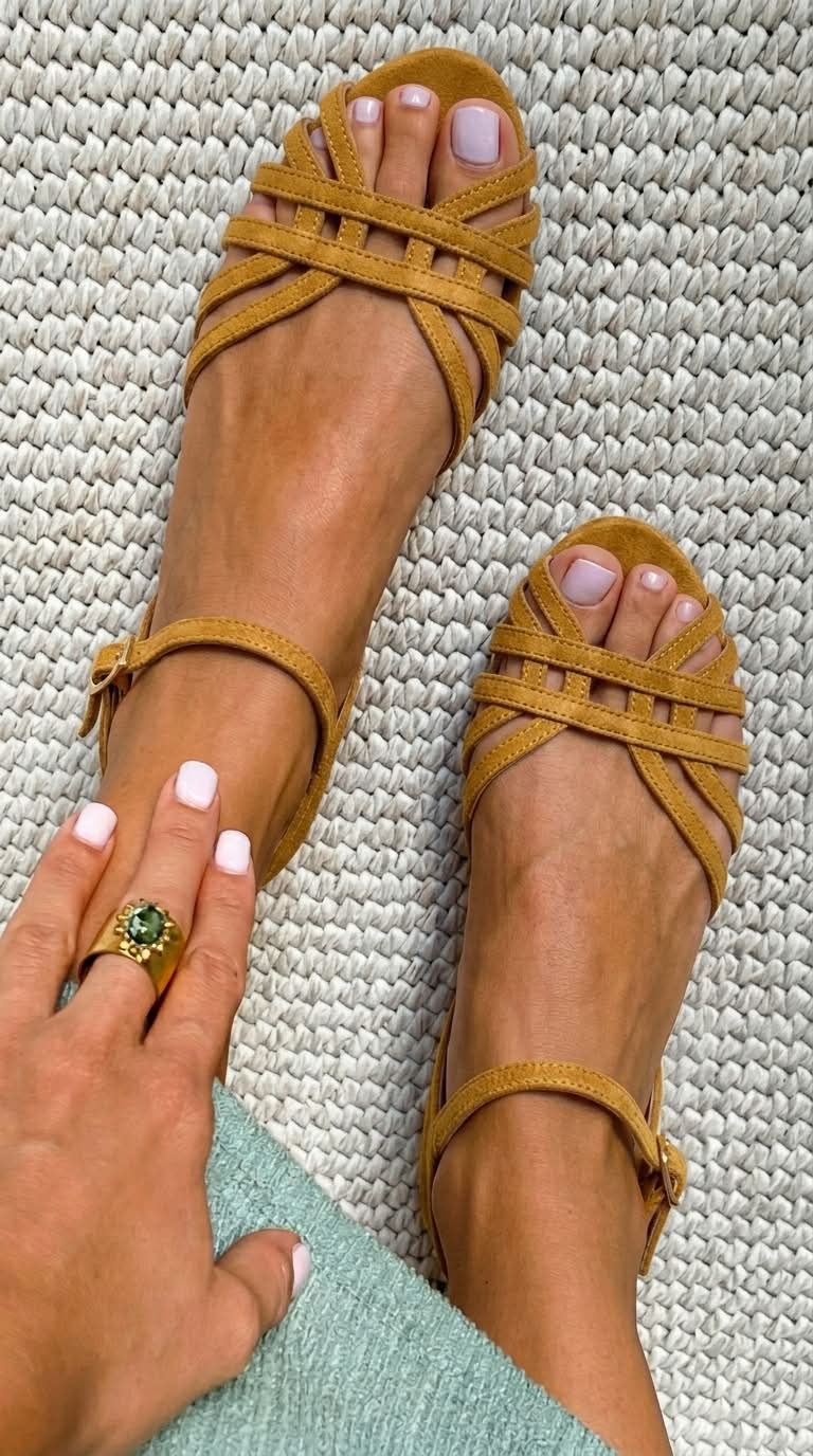 Sandalias bajas de ante y cuero con hebilla en el tobillo y varias tiras