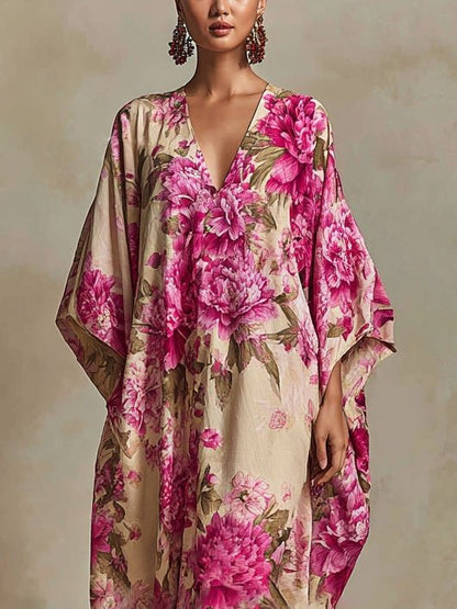 Élise | Floral Art Resort V-Neck Batwing Sleeve Kaftan Maxi Dress