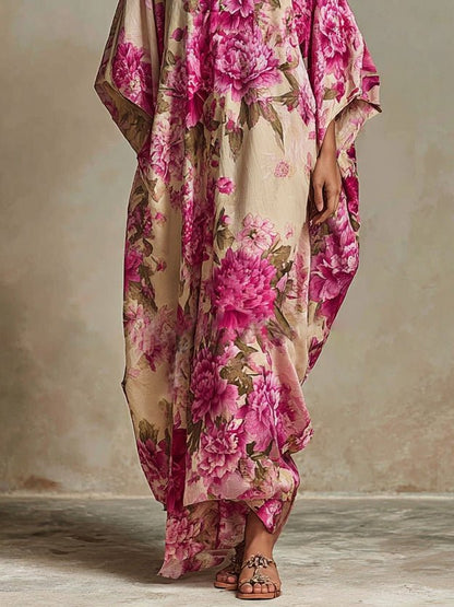 Élise | Floral Art Resort V-Neck Batwing Sleeve Kaftan Maxi Dress