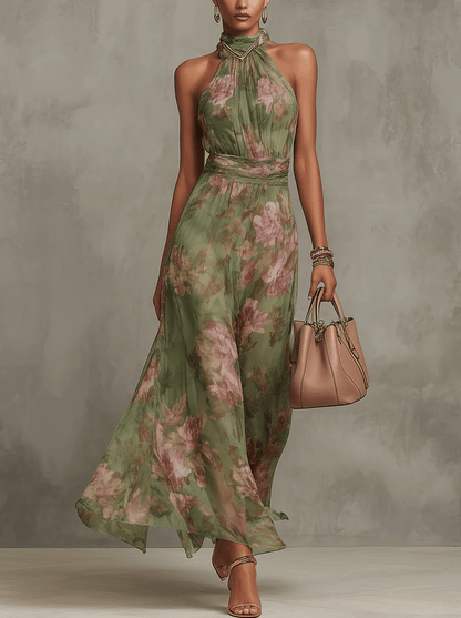 Adèle | Floral Chiffon Halter Maxi Dress