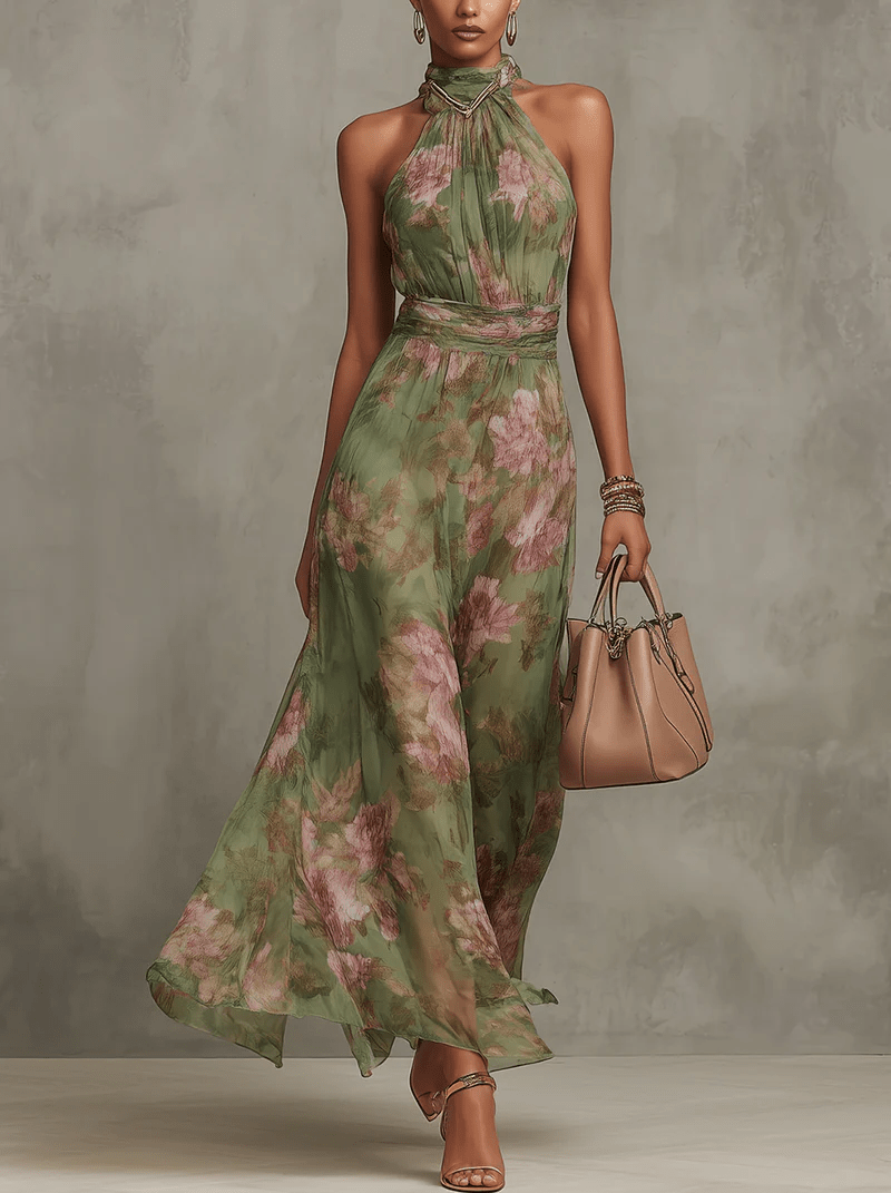 Adèle | Floral Chiffon Halter Maxi Dress