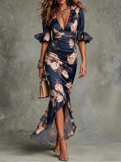 Léonie | Floral Ruched Bell-Sleeve V-Neck Satin Asymmetric Maxi Dress