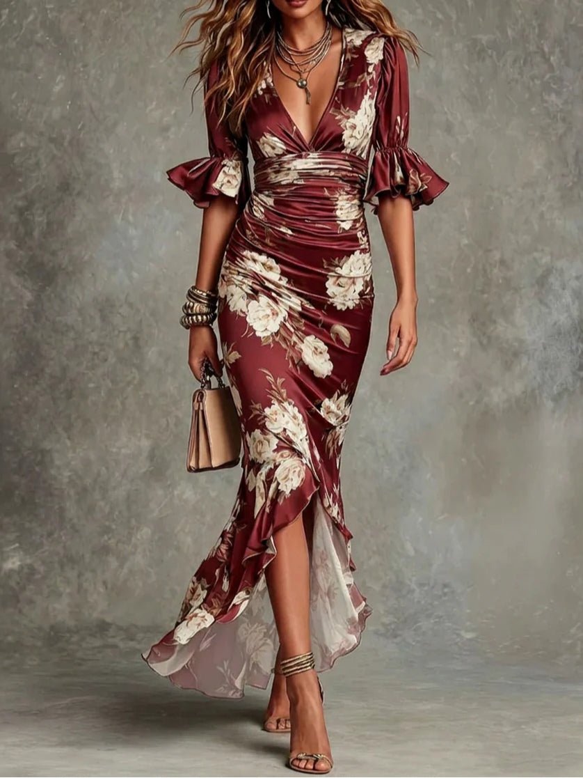 Léonie | Floral Ruched Bell-Sleeve V-Neck Satin Asymmetric Maxi Dress