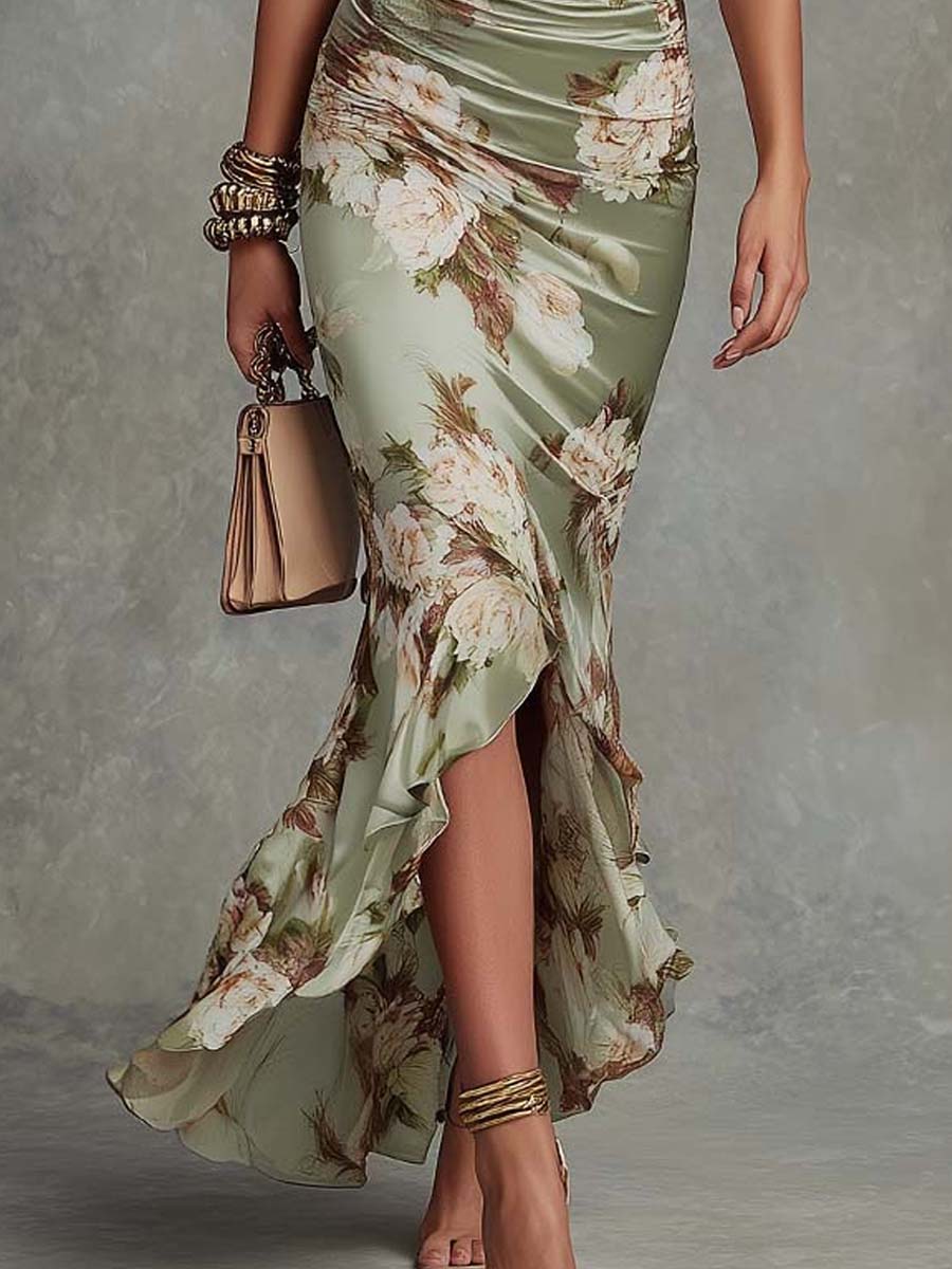 Léonie | Floral Ruched Bell-Sleeve V-Neck Satin Asymmetric Maxi Dress