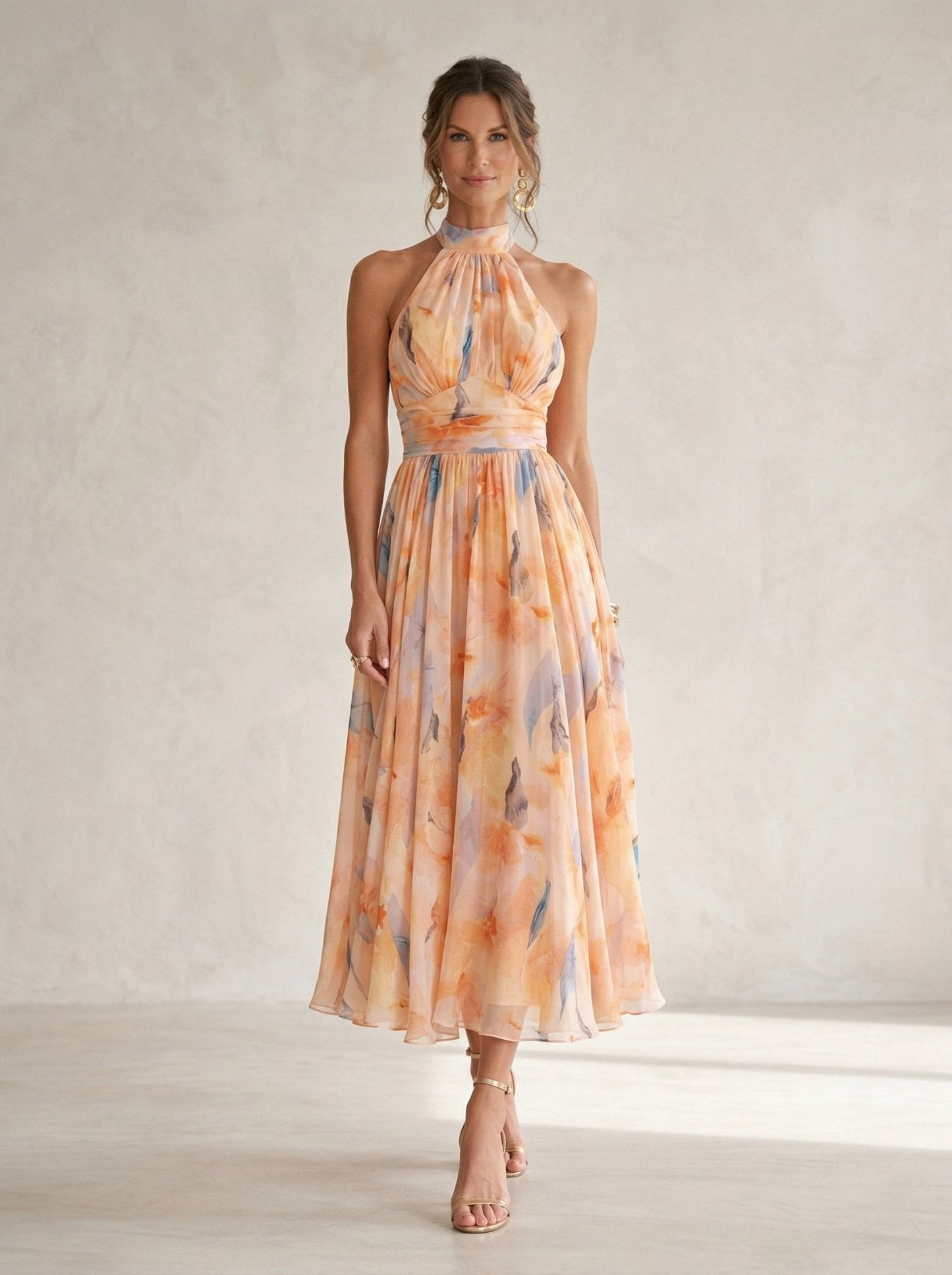 Watercolor Print Halter Maxi Dress