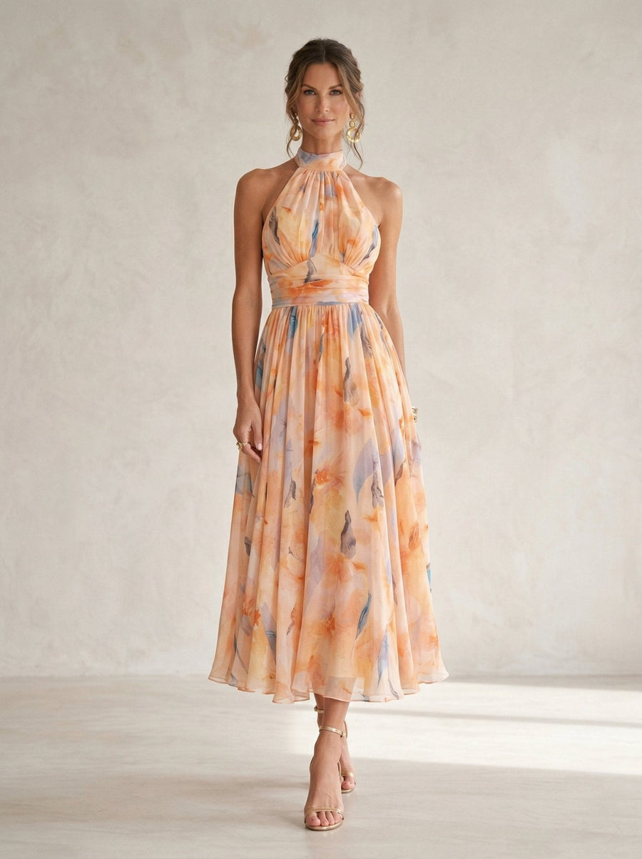 Watercolor Print Halter Maxi Dress