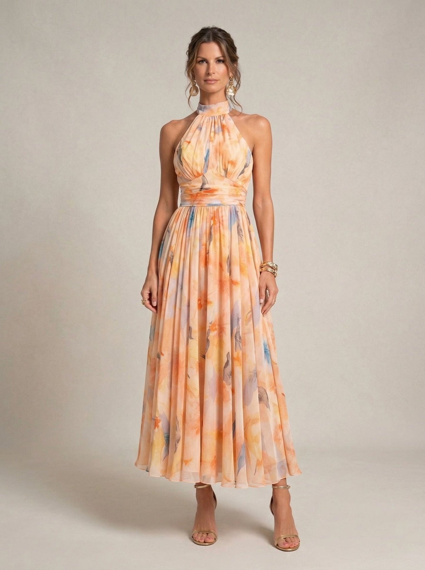 Watercolor Print Halter Maxi Dress