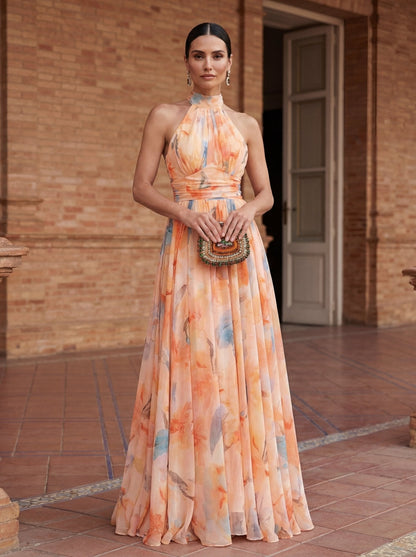 Watercolor Print Halter Maxi Dress