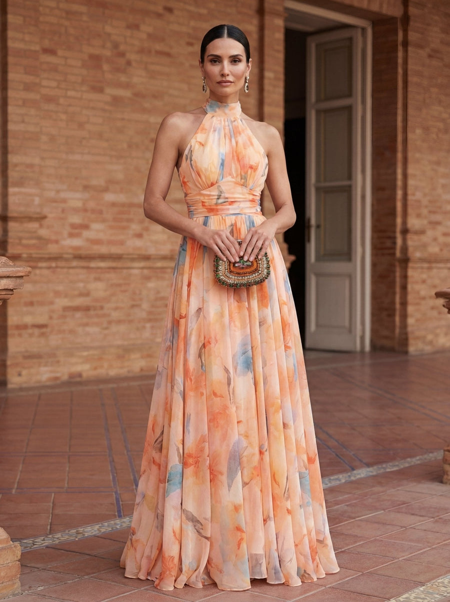 Watercolor Print Halter Maxi Dress