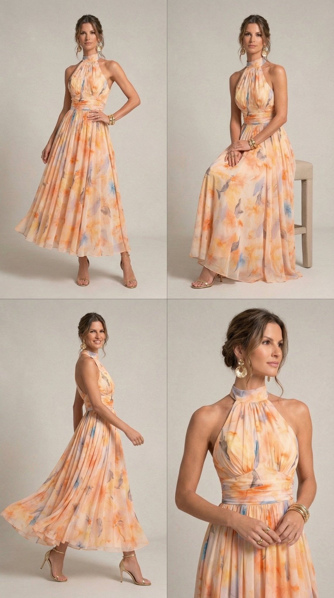 Watercolor Print Halter Maxi Dress