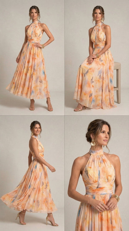 Watercolor Print Halter Maxi Dress