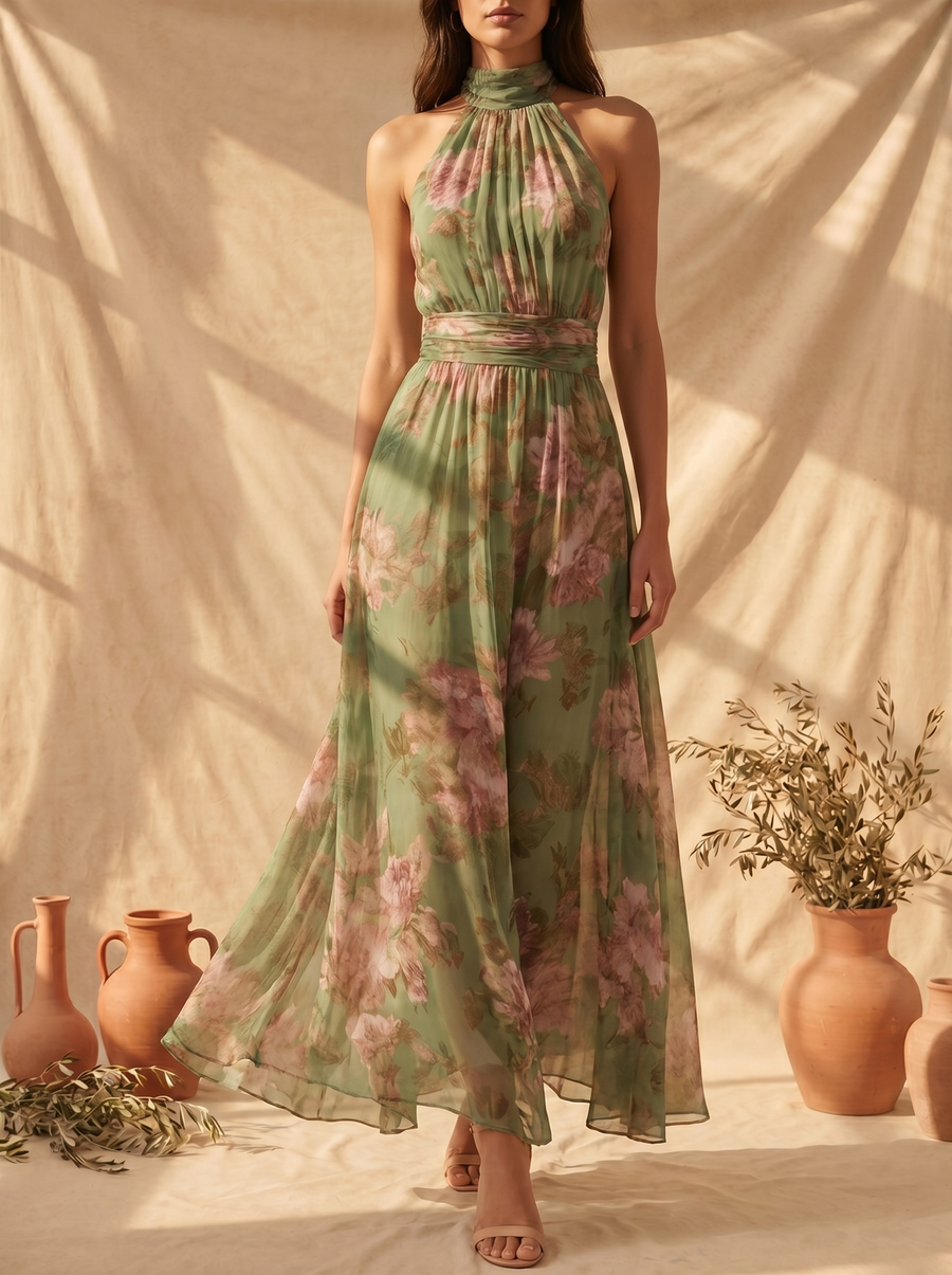 Livia | Elegant Floral Halter Maxi Dress