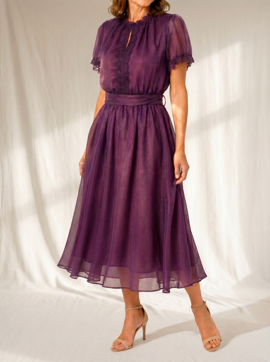 Flavia | Chiffon Maxi Dress with Keyhole Neckline and Lace Trim
