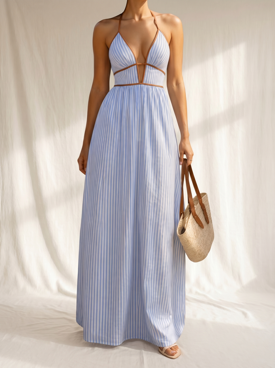 Laurina | Striped Long Dress with Cut-Out Neckline