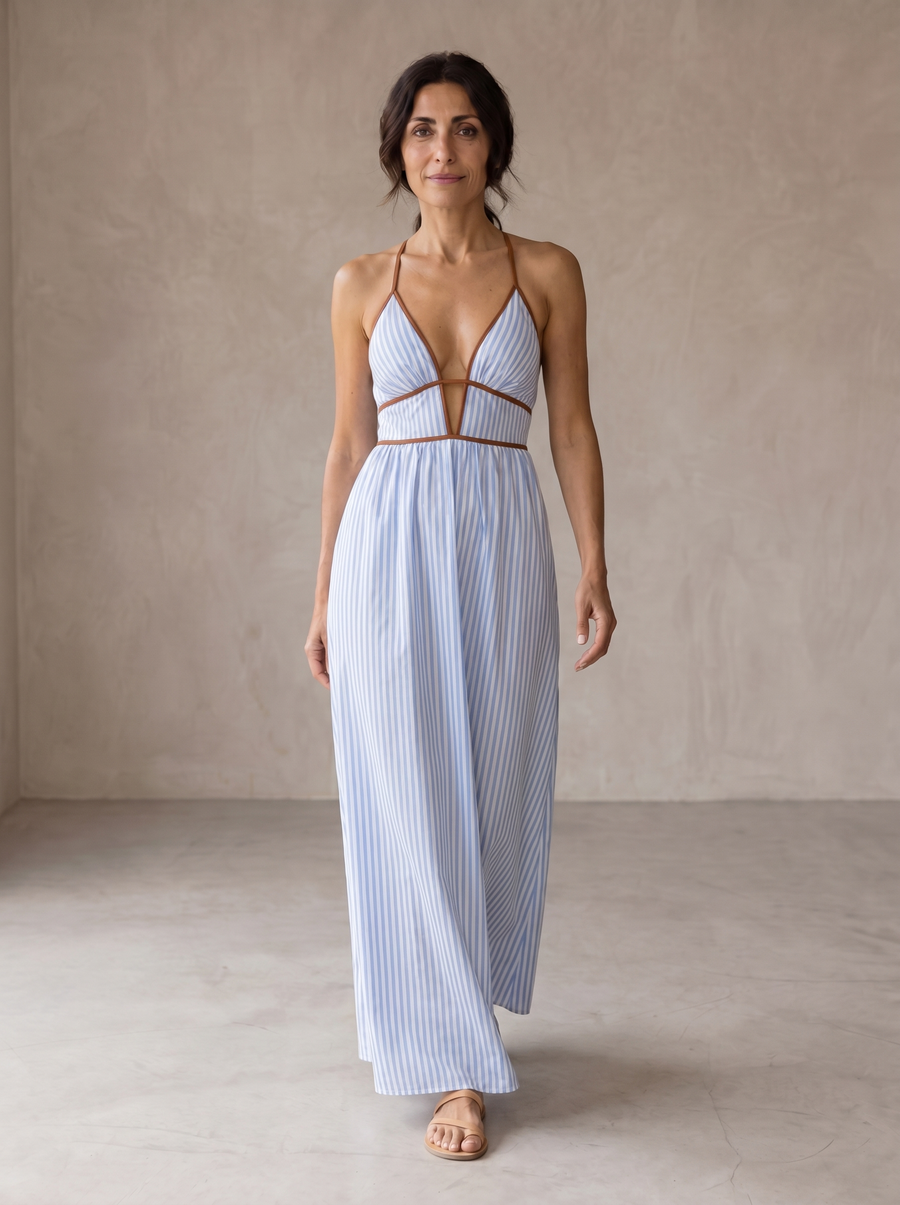 Laurina | Striped Long Dress with Cut-Out Neckline