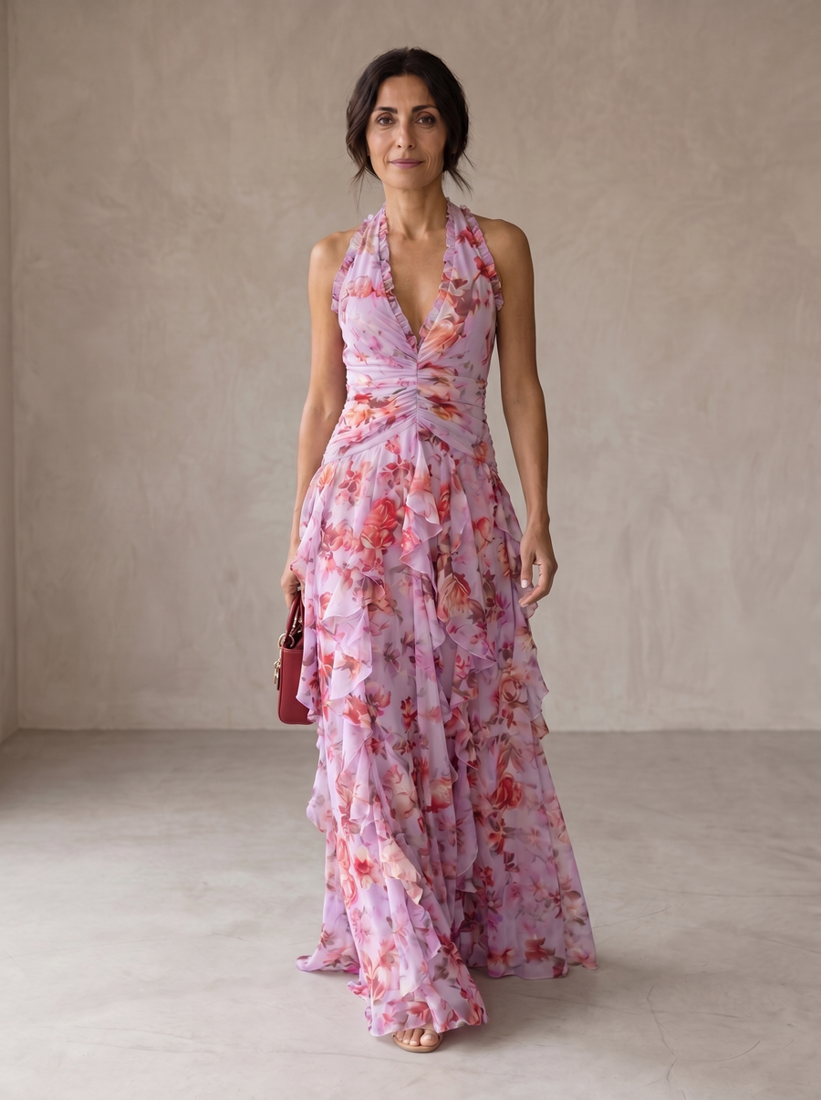 Belladina | Romantic Rose Cascade Halter Maxi Dress