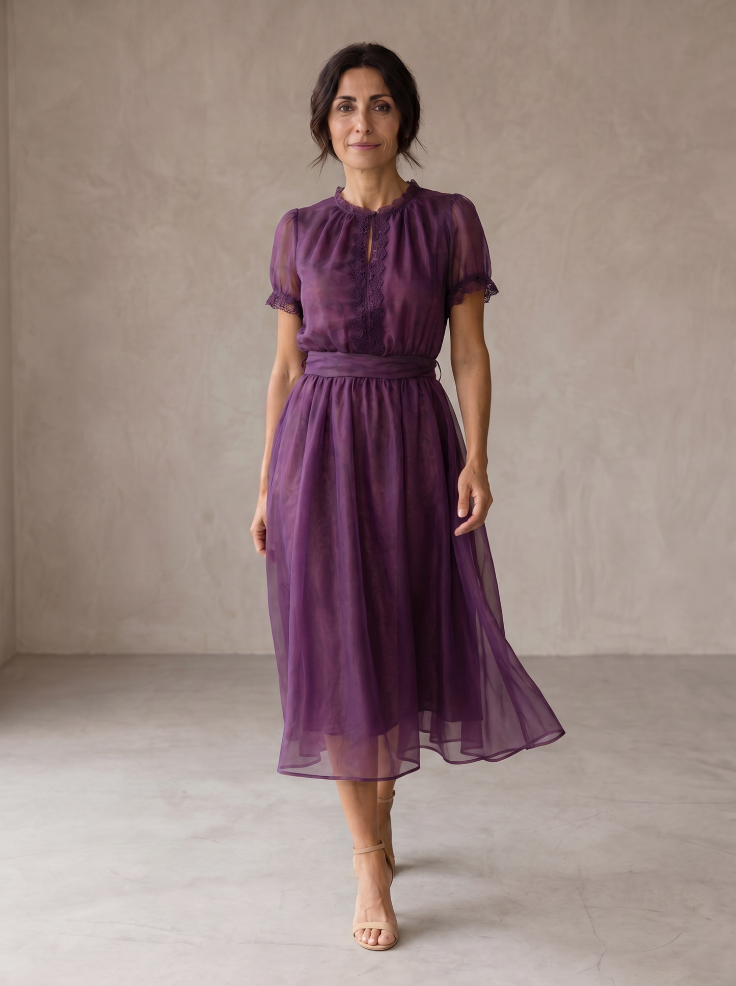 Flavia | Lace-Trim Keyhole Chiffon Maxi Dress