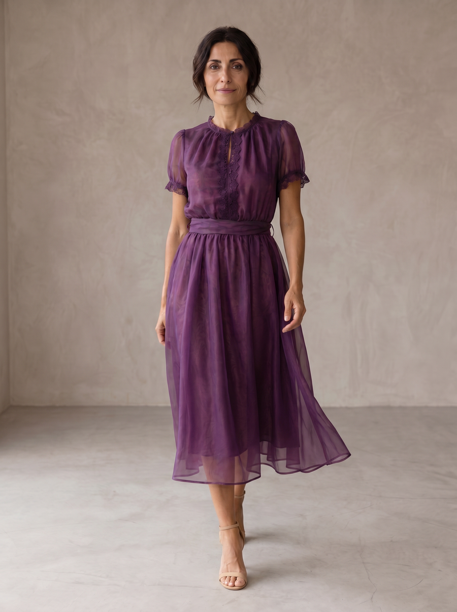 Flavia | Lace-Trim Keyhole Chiffon Maxi Dress
