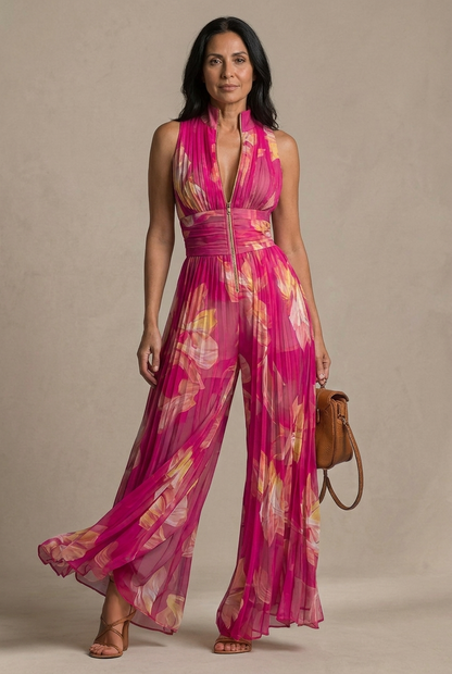Nicole | Pleated Floral Chiffon Jumpsuit