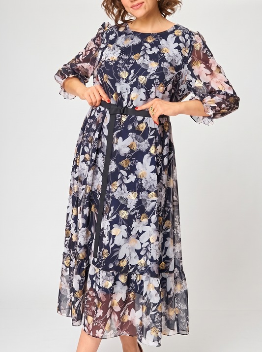 Aurelia | Golden Floral Chiffon Dress