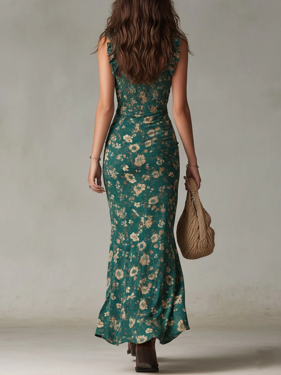 Zara | Ruched Floral Bohemian Split Maxi Dress
