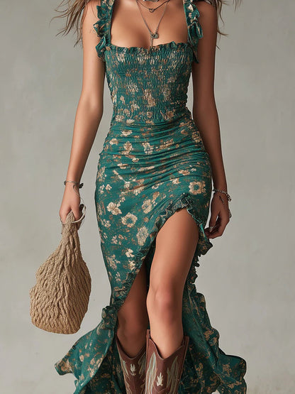 Zara | Ruched Floral Bohemian Split Maxi Dress