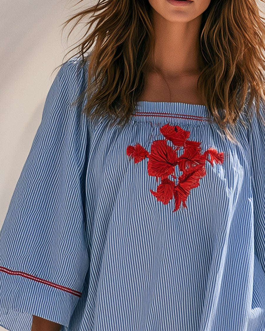 Indigo | Embroidered Striped Short Dress