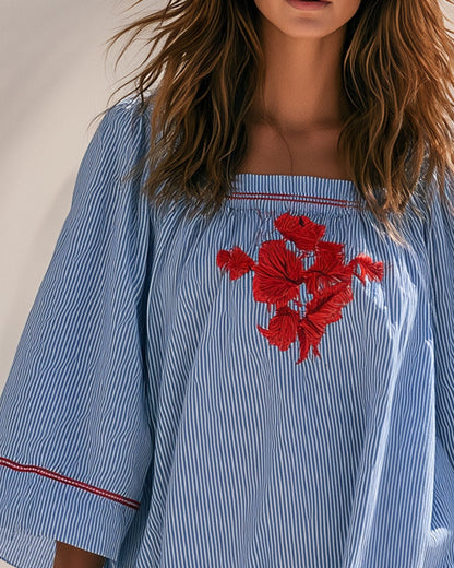 Indigo | Embroidered Striped Short Dress