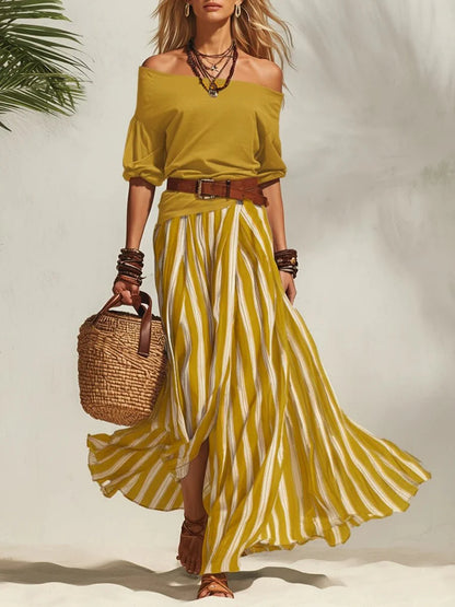 Isabella | Two-Piece Summer Set with Off-Shoulder Top & Striped Skirt (Belt Included)