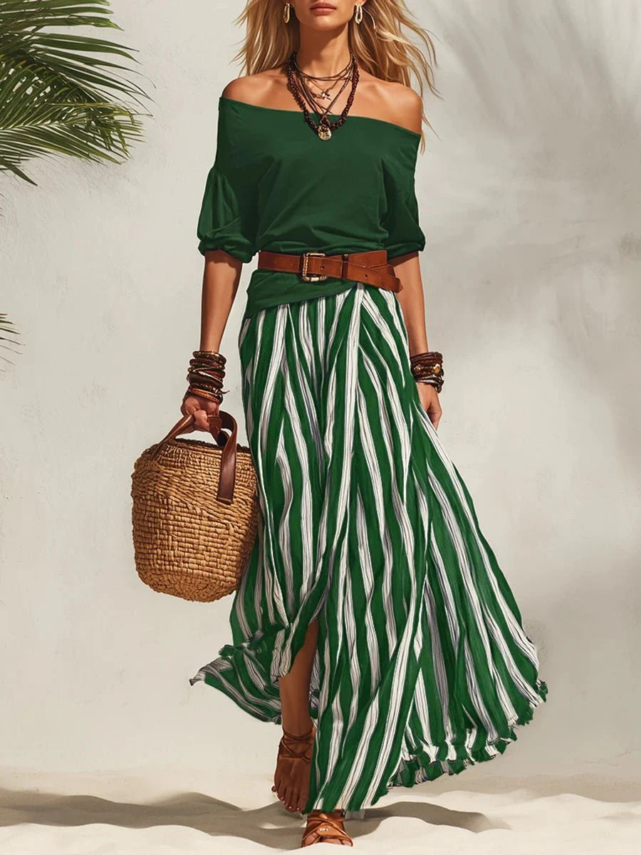 Isabella | Two-Piece Summer Set with Off-Shoulder Top & Striped Skirt (Belt Included)