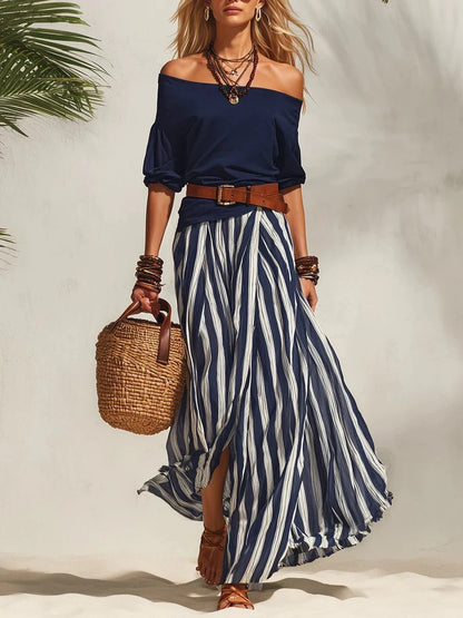 Isabella | Two-Piece Summer Set with Off-Shoulder Top & Striped Skirt (Belt Included)