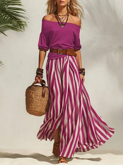 Isabella | Two-Piece Summer Set with Off-Shoulder Top & Striped Skirt (Belt Included)